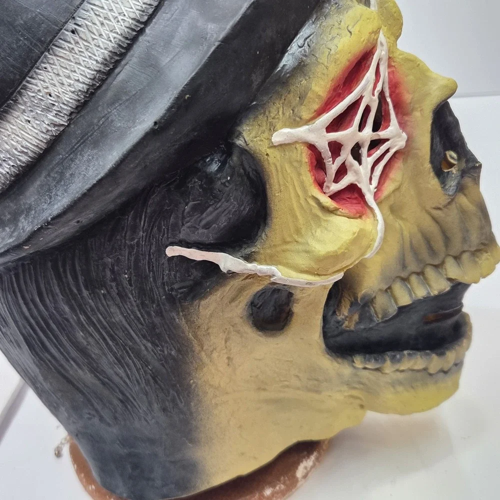 Vintage Skeleton Skull Latex Mask Top Hat Fedora Web Eyepatch Halloween Prop